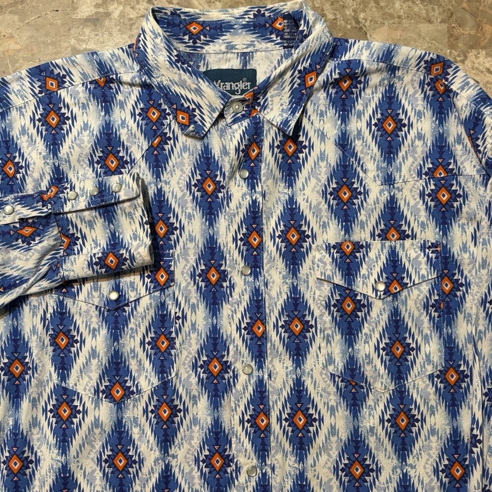 Wrangler Shirt Mens XL Blue Aztec Pearl Snap Long Sleeve Western Rodeo